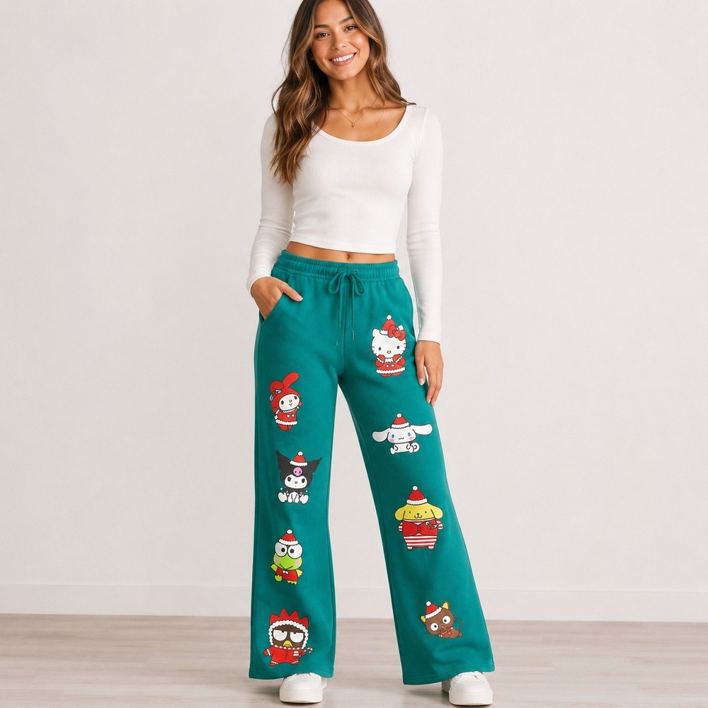 Sanrio Hello Kitty Sweatpants Women S Green Excellent Holiday Friends Graphic